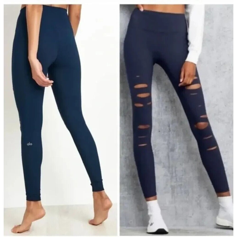 Alo Yoga Ripped Warrior Navy Blue Leggings Sz S High Waist Excellent Condition - Picture 1 of 7